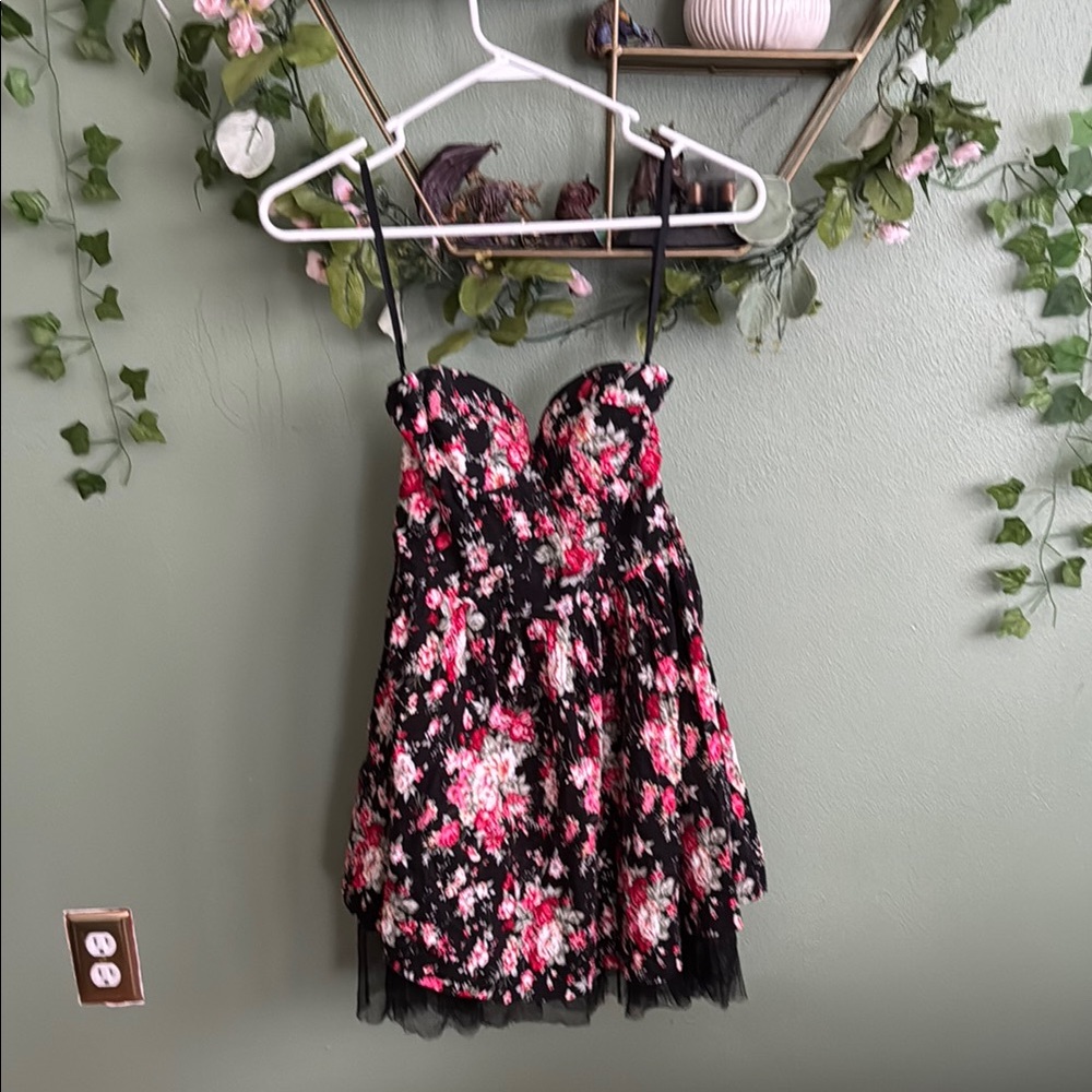MOA USA Black and Pink Floral Strapless Dress